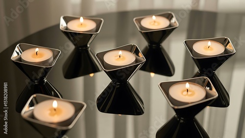 Candles and Reflection: Seven candles flicker gently, casting a warm, inviting glow amidst sleek, geometric candle holders. Captured at eye level.