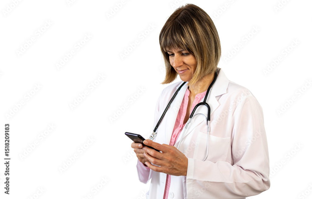 Female doctor browsing smartphone with transparent background Female doctor browsing smartphone with transparent background