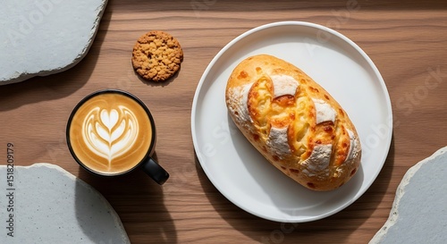 Flatlay of Latte Art Coffee, Cheese Bread, and Cookie