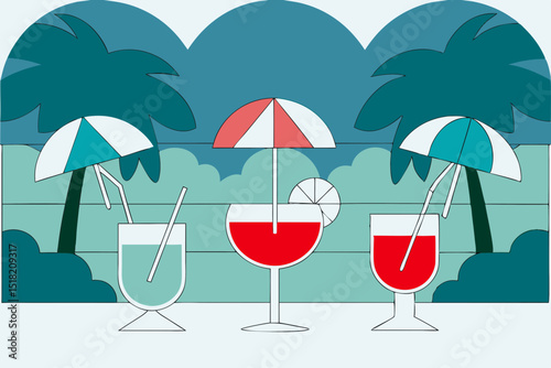 Summer cocktails in colorful glasses with umbrellas and palm trees  