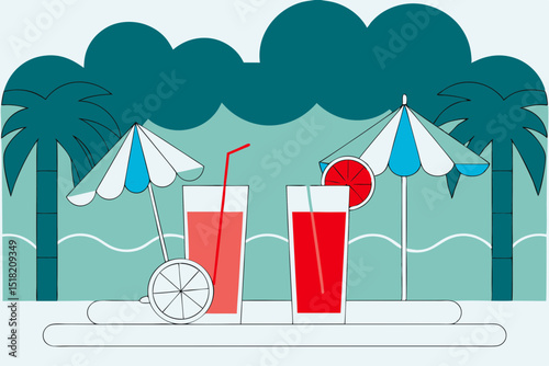 Summer cocktails with umbrellas and palm trees in tropical setting  