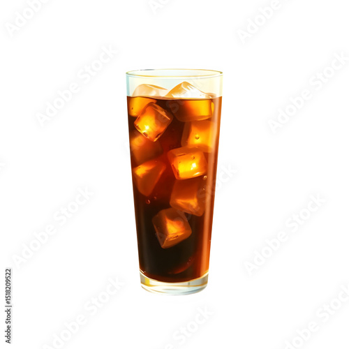Icy cola drink in transparent glass with ice cubes and water droplets, isolated on transparent background – perfect summer refreshment image for ads and packaging

