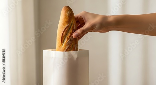 Hand Gently Holding Freshly Baked Baguette Emerging From Paper Bag