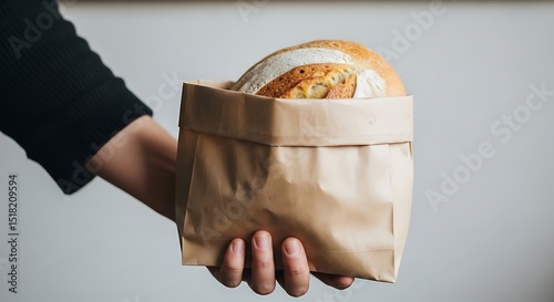 Hand Holding Artisan Bread in a Brown Paper Bag