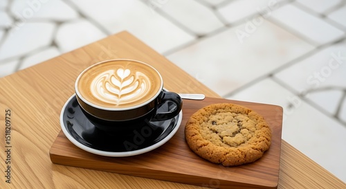 Latte Art and Oatmeal Cookie on Wooden Tray