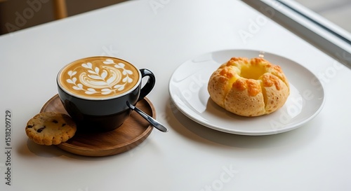 Latte Art, Cheese Bread, and Cookie on a White Table, Minimalist Composition.