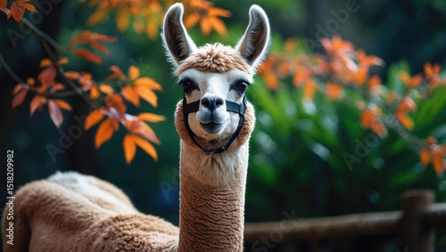 A portrait of a domesticated llama with keen eyes and brown fur, set against a lush green background in the countryside