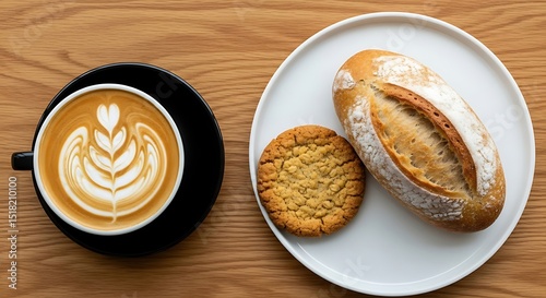 Latte Art with Bread and Oatmeal Cookie on Wooden Table