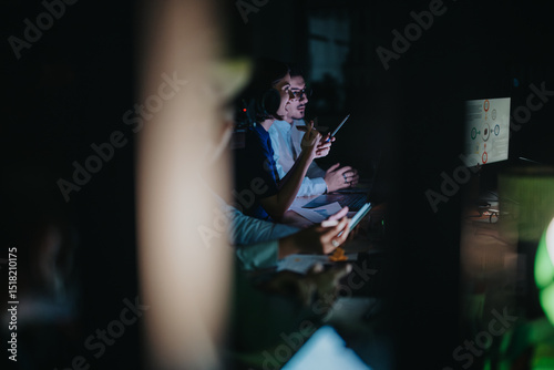Slika na platnu A team of professionals works together, focusing on screens and documents, in a