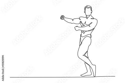 Continuous one line drawing young bodybuilder athlete demonstrates muscles. Muscles of the arms, chest and legs are visible. Classic bodybuilding. Single line draw design vector graphic illustration