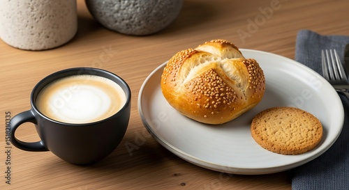 Morning Delight: Coffee, Bread Roll, and Biscuit on Wooden Table