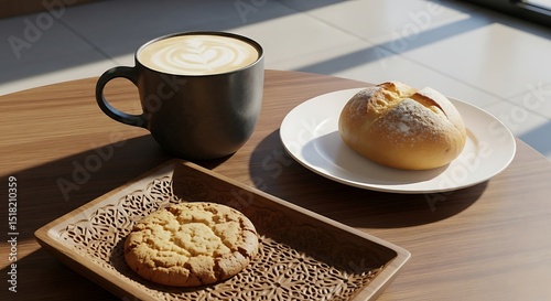 Morning Still Life: Latte Art, Crusty Roll, and Cookie on Wooden Table