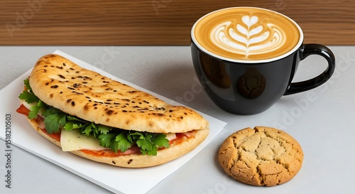 Savory Flatbread Sandwich with Latte and Cookie