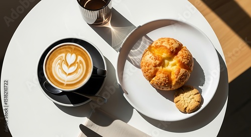 Sunlit Latte Art and Cheese Bun Breakfast