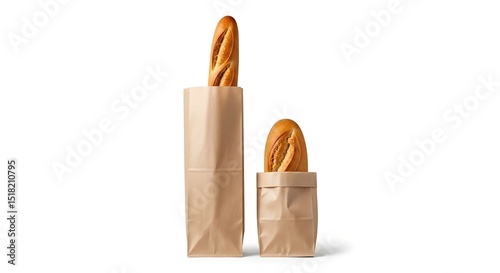 Two Baguettes in Brown Paper Bags on White Background