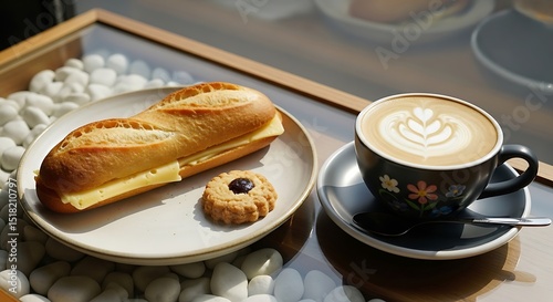 Sunlit Latte Art with Cheese Bread and Cookie