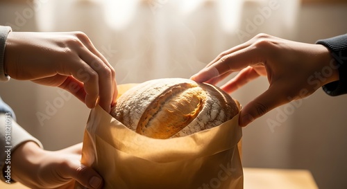 Warmly Lit Hands Sharing Freshly Baked Bread