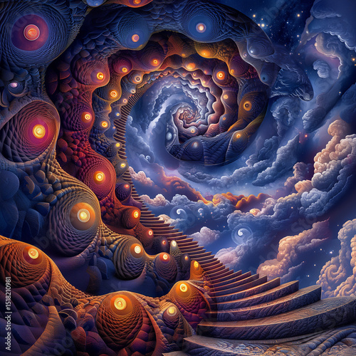 The Spiral Dreamscape: A Journey on Twisted Stairs Through Worlds of Night and Light.