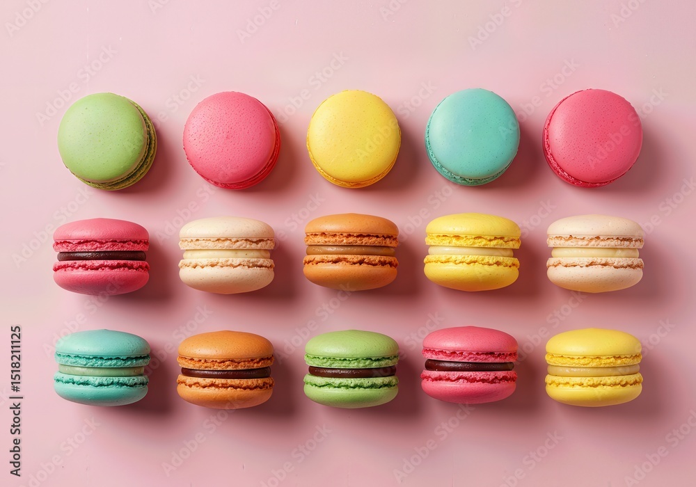 Obraz premium Vibrant Assorted French Macarons Arranged in Colorful Rows on Pastel Pink Background, Gourmet Dessert Selection for Bakery, Patisserie, Cafe, and Confectionery Concepts
