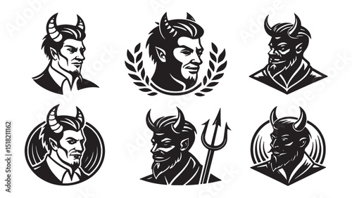Devil Head Illustrations Vintage Style Icons, Black and White Devil Head Designs