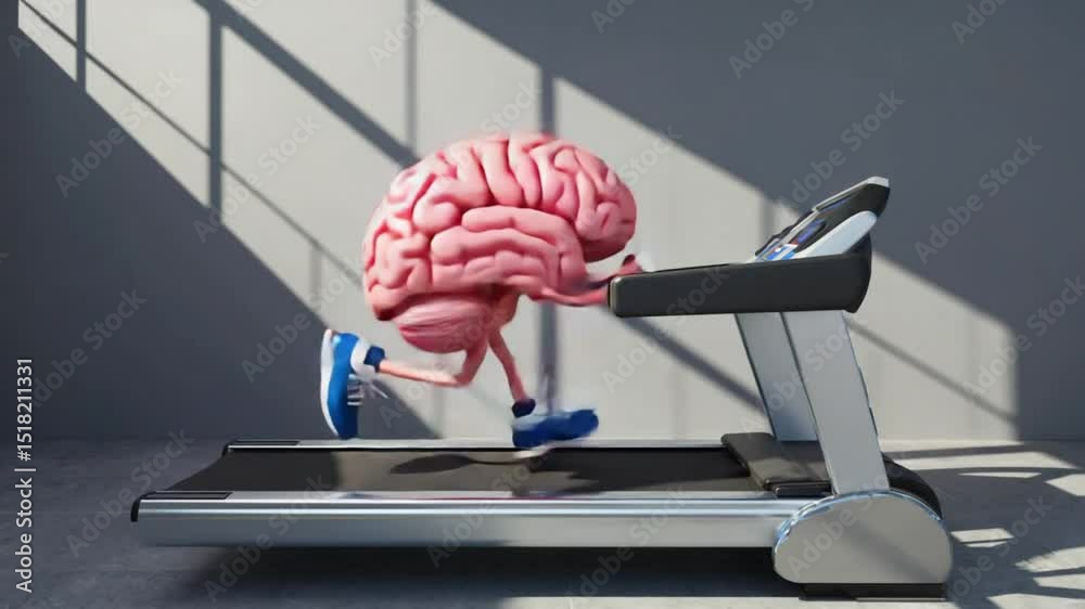Animated brain character running on a treadmill exercising for mental health fitness concept
