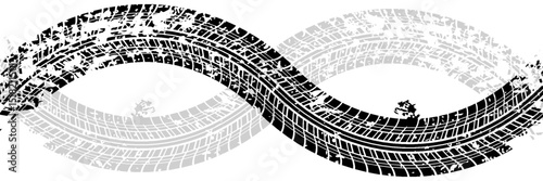 Tire tread marks, wheel textures, tire marks - car racing, motocross, drift, rally, off-road and others. Vector black isolated texture in grunge style with splashes.eps10