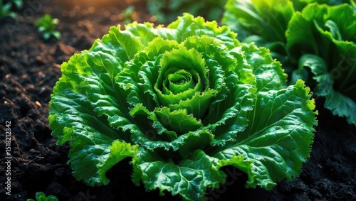Organic lactuca sativa grown outdoors in garden for healthy vegetarian meals