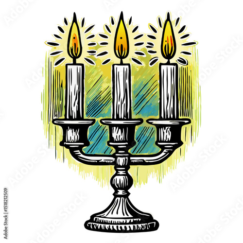 Three Candles on Antique Candelabra, Hand-Drawn Illustration
