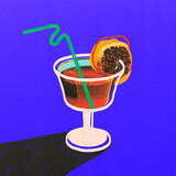 Modern artwork. Cocktail with orange slice and curly green straw in elegant glass against purple background. Flat folk style. Concept of fun, nightlife, citrus flavor, and summer vibe