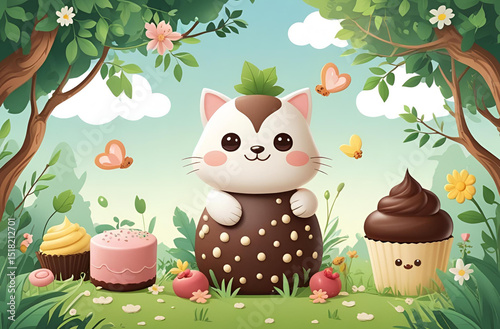 A cute nature background with a cartoon representation of confectionery delights under a sunny sky