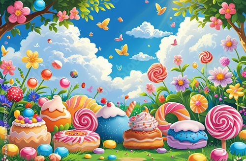 A cute nature background with a cartoon representation of confectionery delights under a sunny sky