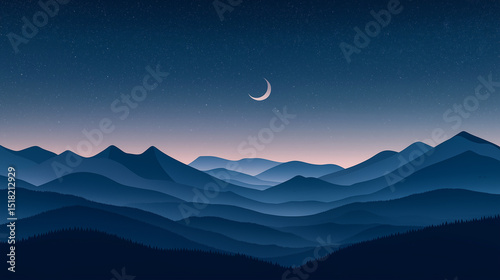 Serene night landscape depicting mountains crescent moon and starry sky in blue tones