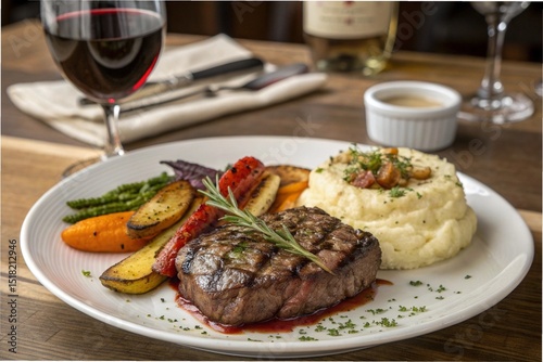 Grilled Steak Dinner Set (Grilled steak + mashed potatoes + roasted vegetables + red wine or iced tea)