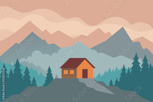 winter landscape with mountains and house