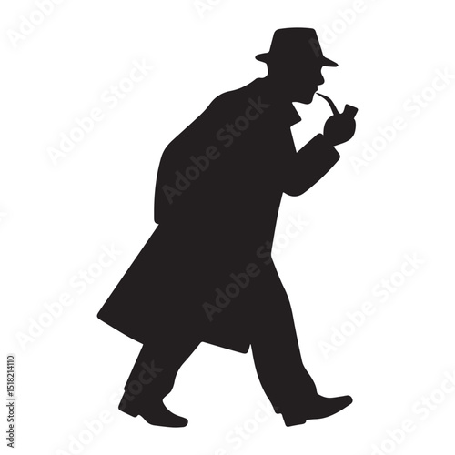 Silhouette of a Man in a Fedora and Trench Coat with Pipe