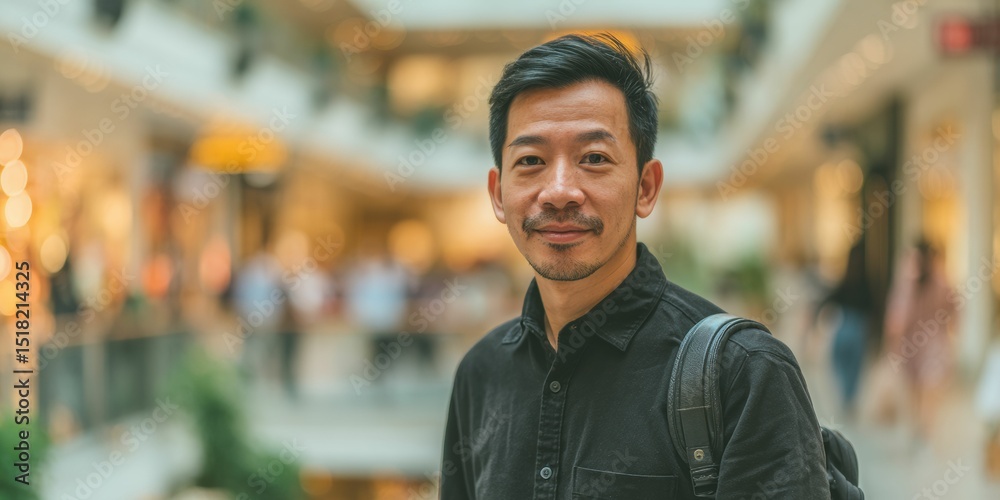 Fototapeta premium A 40 year old Asian male professional exudes confidence, dressed in casual black attire and smiling in a modern urban environment, hinting at his success in design or architecture.