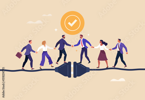 Business Connection Concept. Vector cartoon flat illustration of two business teams with leaders shaking hands while standing on connected electrical plugs. Isolated on background.