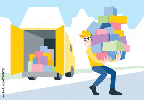 The delivery man carries packages to customers. Online ordering and tracking in the mobile application. 