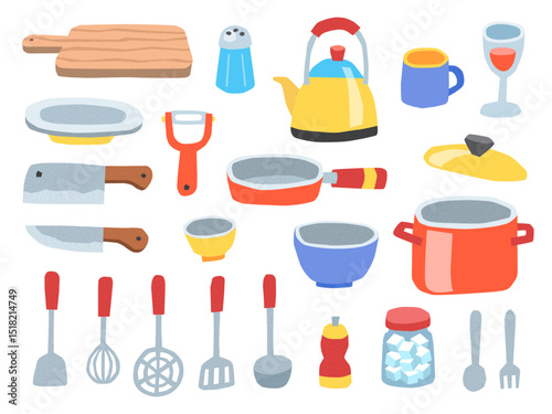 set of kitchenware and cooking equipment illustration, doodle and flat art design, food and cooking concept