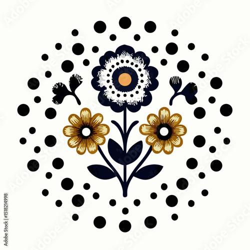 Floral Design Element: Navy, Gold & White Flower Pattern