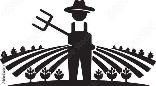 Farming Icon A Simple Silhouette of a Farmer with Pitchfork and Cultivated Fields