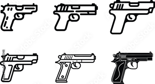 Handgun Icon Set. Pistol Silhouettes and Outline Vector Collection.