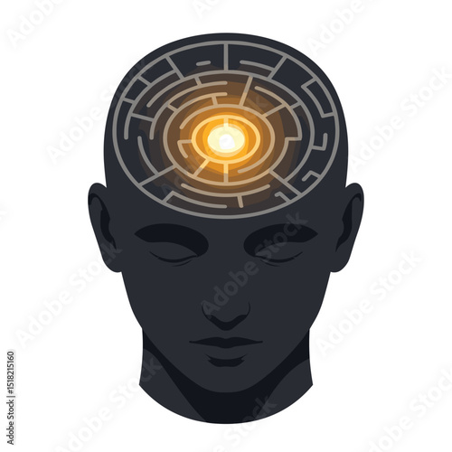 Abstract representation of a human head with maze in mind, for topics of self-development and neuroscience, courses on thinking, strategies, psychologists, coaches, mental therapists  