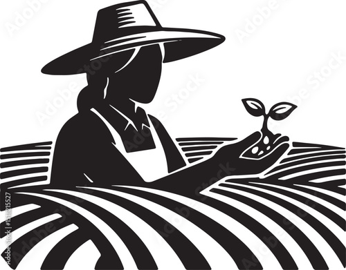 Farmer Cultivating New Life A Black and White Illustration of Agricultural Growth