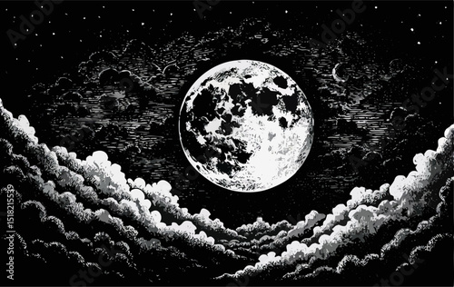 Full Moon Night Sky, Clouds, Black and White Ink Drawing