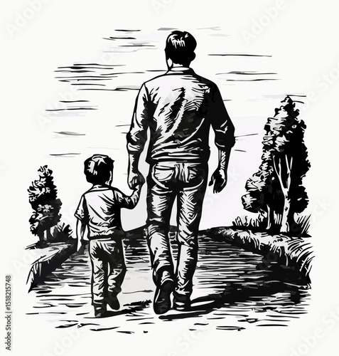 Father and Son Walking Away Hand in Hand, Black and White Illustration