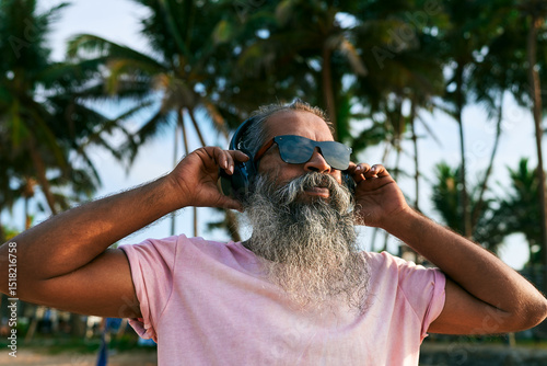 Wallpaper Mural Elderly man with beard wearing headphones stands relaxed. Listening to ethnic tropical music under palm trees. Outdoor summer vibe. Vacation mood. Island vibes. Torontodigital.ca