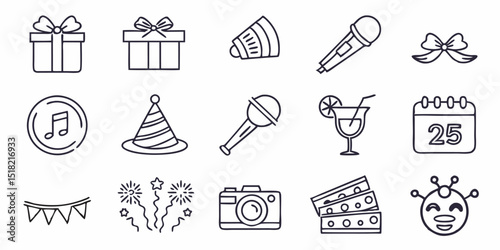 Party, celebration and event planning editable stroke outline icons set isolated on white background flat vector illustration