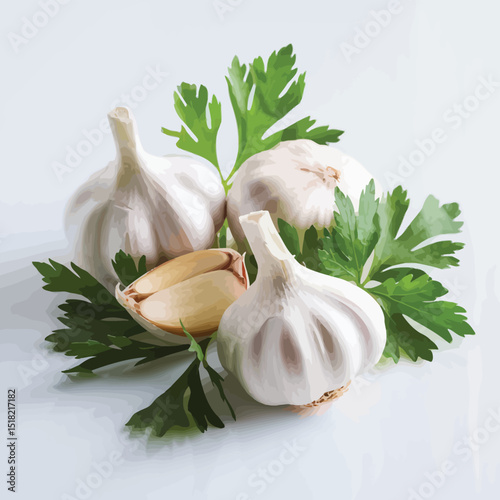 Fresh Garlic Bulbs and Parsley Sprigs on White Background