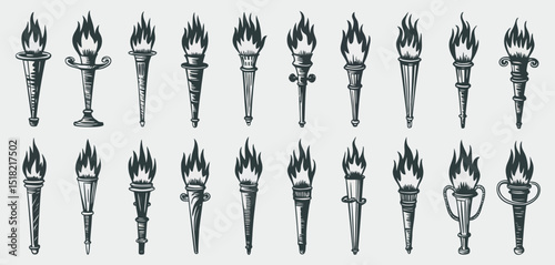 Collection of Vintage Style Hand Drawn Torches and Flames